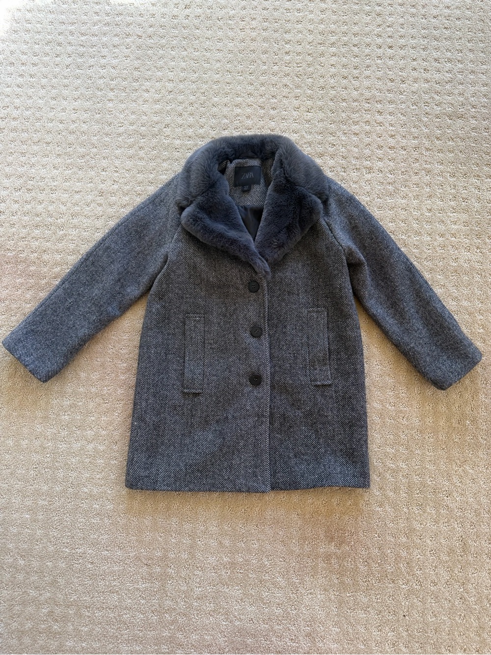 NWOT Zara Girls’ Classic Gray Wool Coat with Faux Fur Collar, Size 8-9